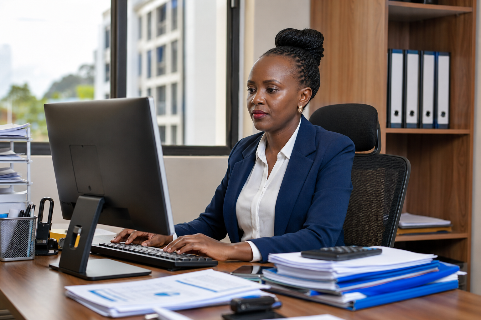 Finance officer issuing compliant eTIMS invoices from a computer in a Kenyan business office