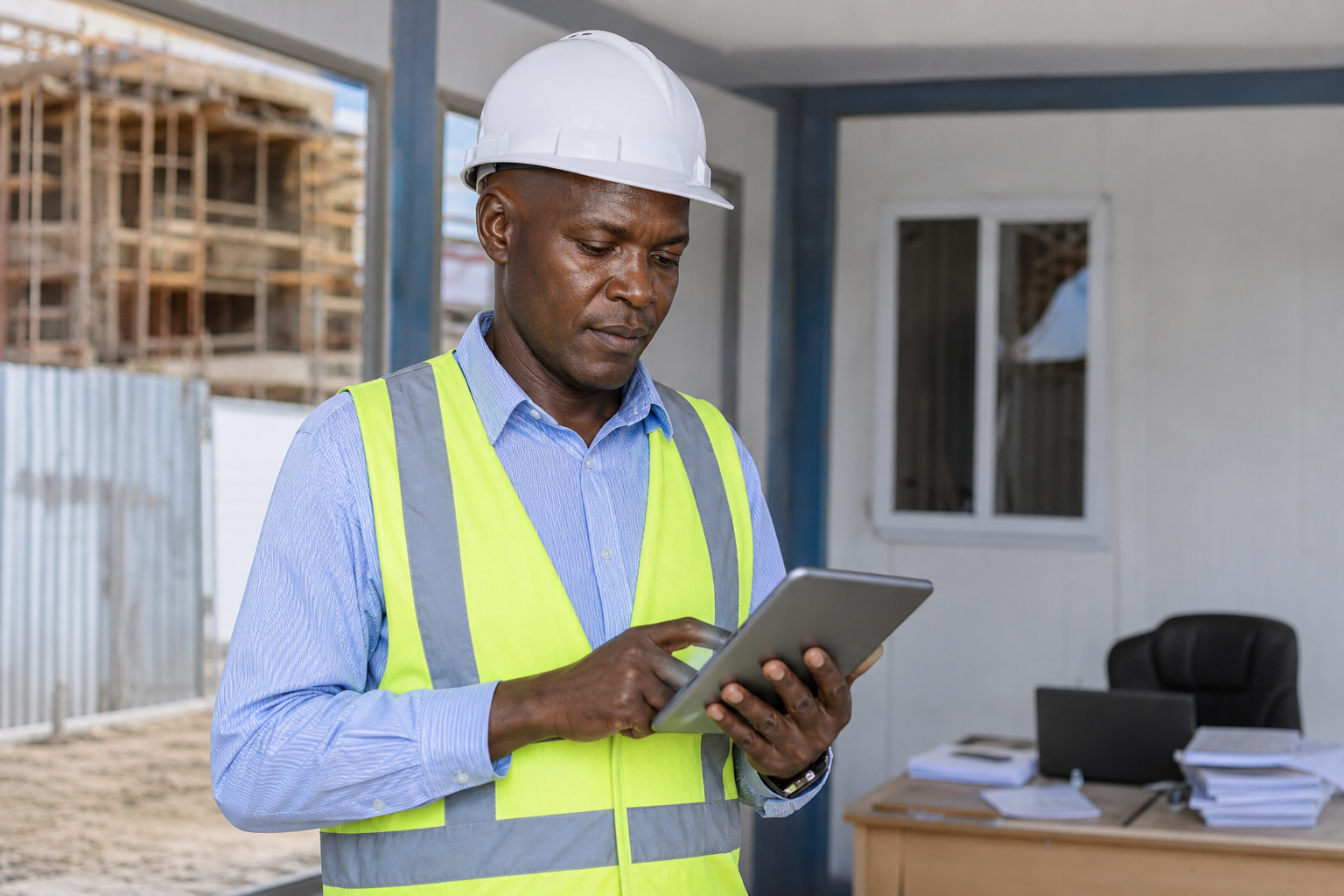 Construction project manager reviewing costs on site tablet