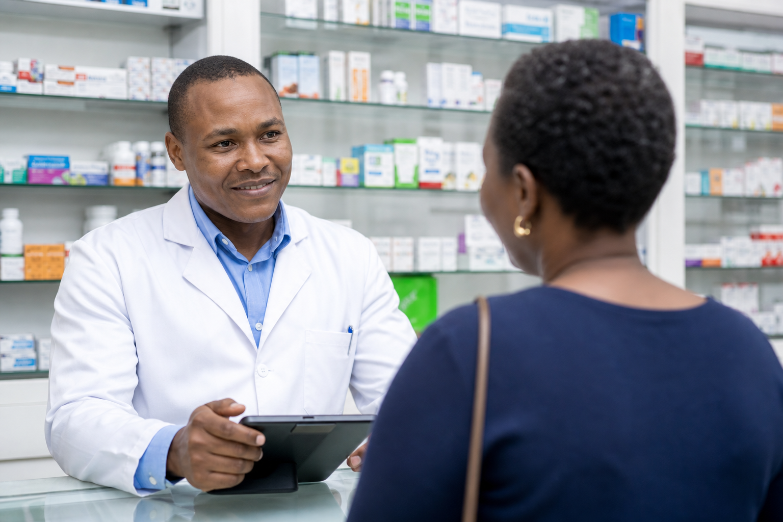 Pharmacy owners reviewing batch expiry reports in office