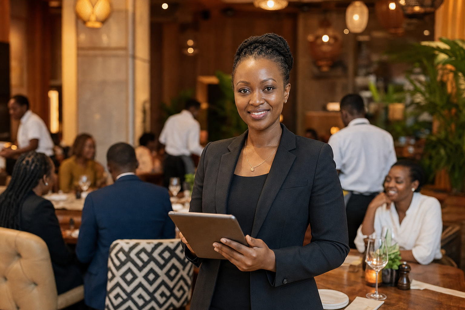Restaurant manager with POS tablet in busy Nairobi dining room